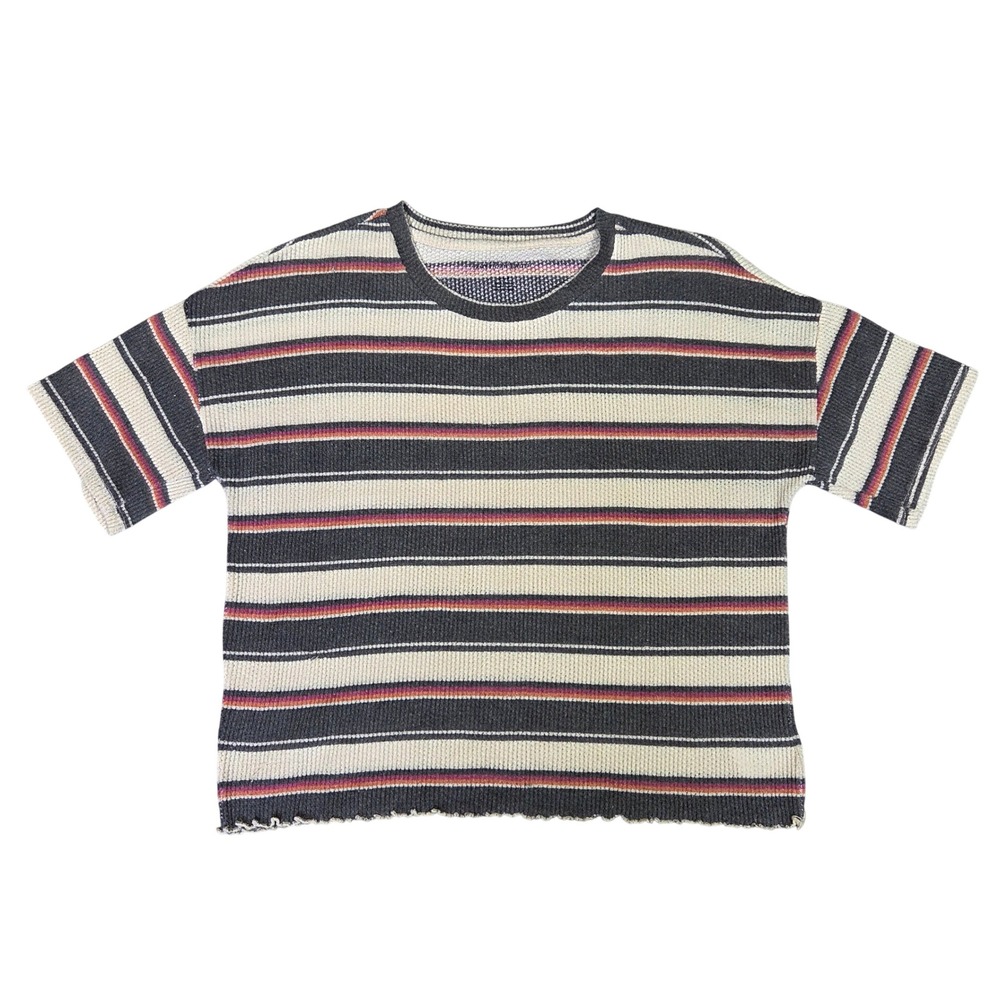 American Eagle Womens Striped Waffle Knit Short Sleeve Boxy Top Grey Cream L/XL